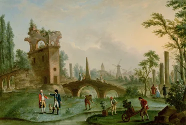 Carmontelle (1717-1806) übergibt die Schlüssel des Parc Monceau in Paris an den Herzog von Chartres (1747-93)